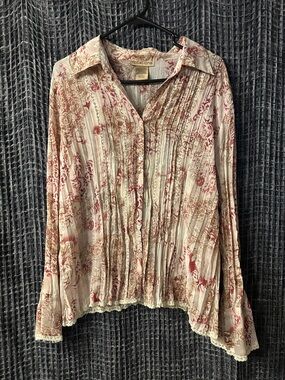 Notations Cream Blouse with Pink Floral Pintuck Front